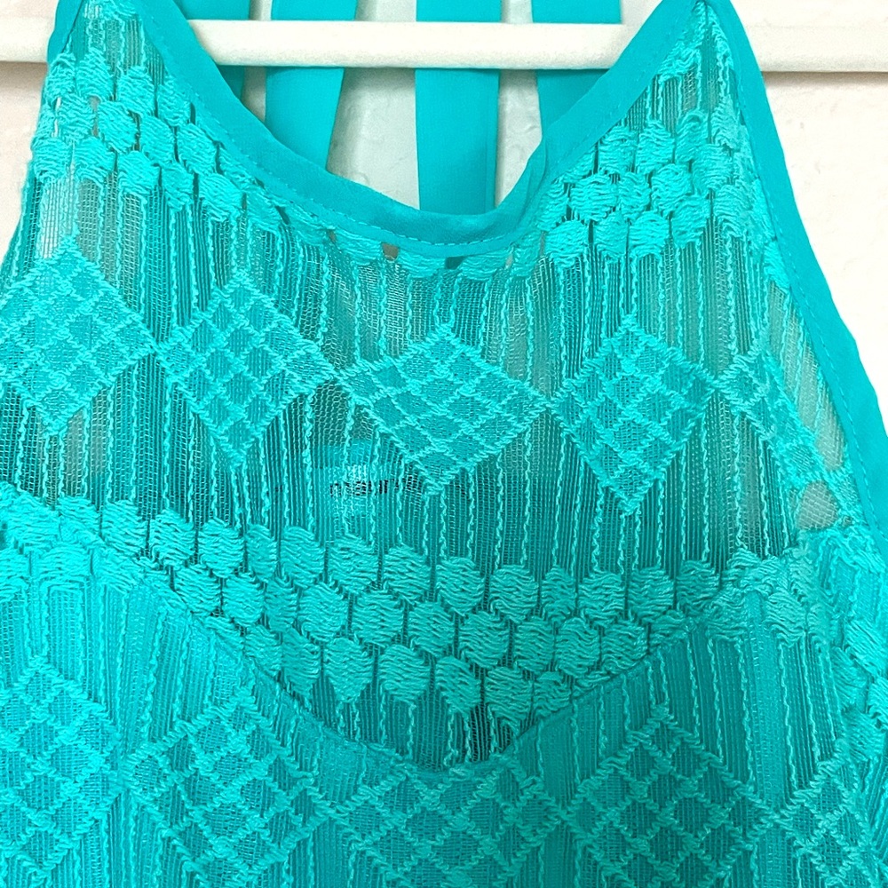Blue Lace High Neck Multi Back Strap Blouse!